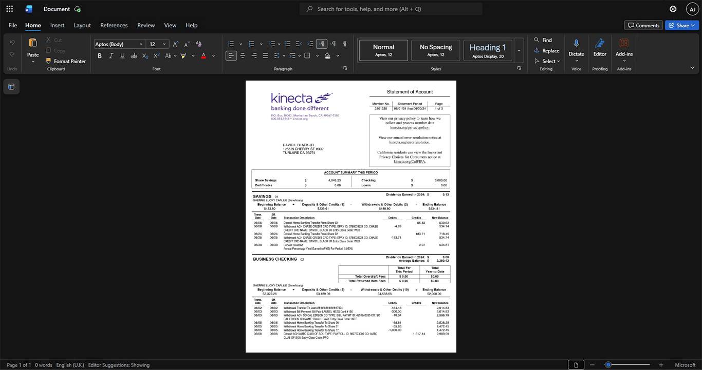 USA Kinecta Federal Credit Union Bank Statement Template, Digital download template in Word and PDF