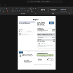 USA Knoxville Utilities Board KUB Water Bill Template, Digital download file preview