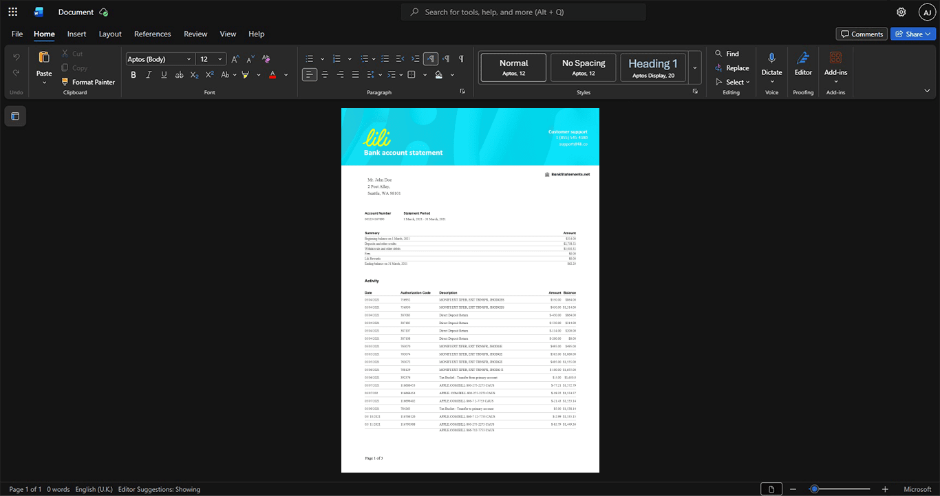 USA Lili Bank Bank Statement Template, Corporate style document in Word and PDF formats