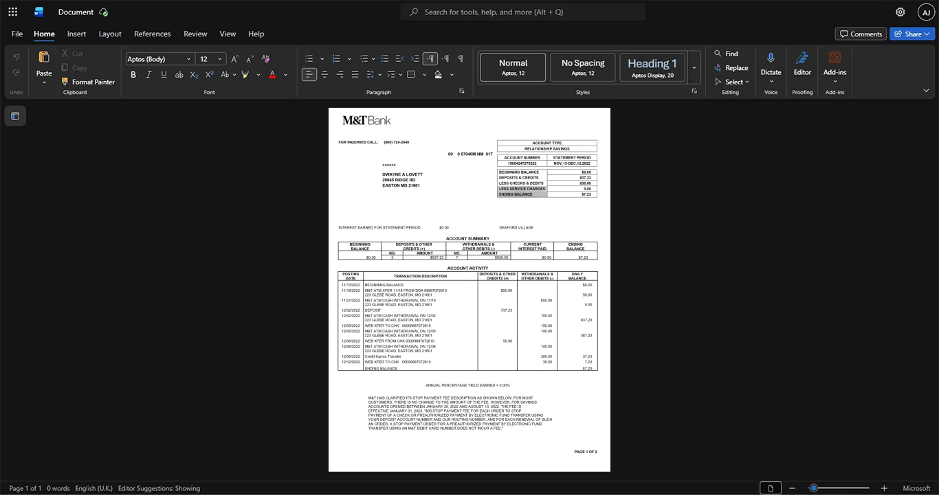 USA M T Bank Corporation M T Bank Statement Template, Fully structured template in Word and PDF format