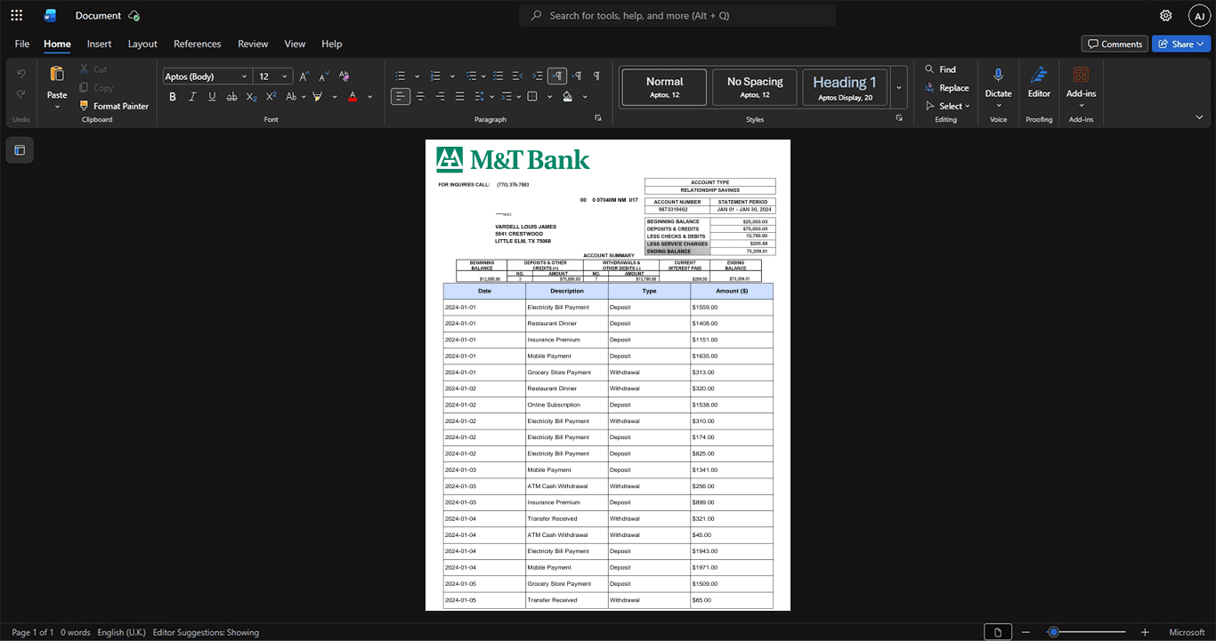 USA M T Bank M T Bank Statement Template, Digital download template in Word and PDF