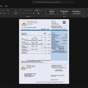 USA Memphis Light Gas and Water Division MLGW Generic Utility Bill Template, Corporate style document in Word and PDF formats