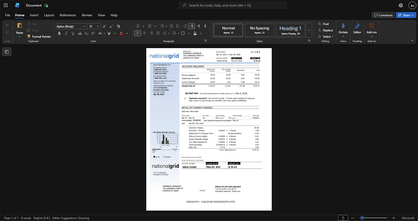 USA National Grid Generic Utility Bill Template, Quick edit digital asset in Word and PDF