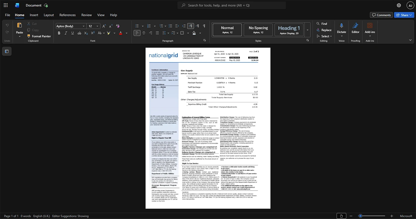 USA National Grid Generic Utility Bill Template, Fully editable Word and PDF format, Page 2