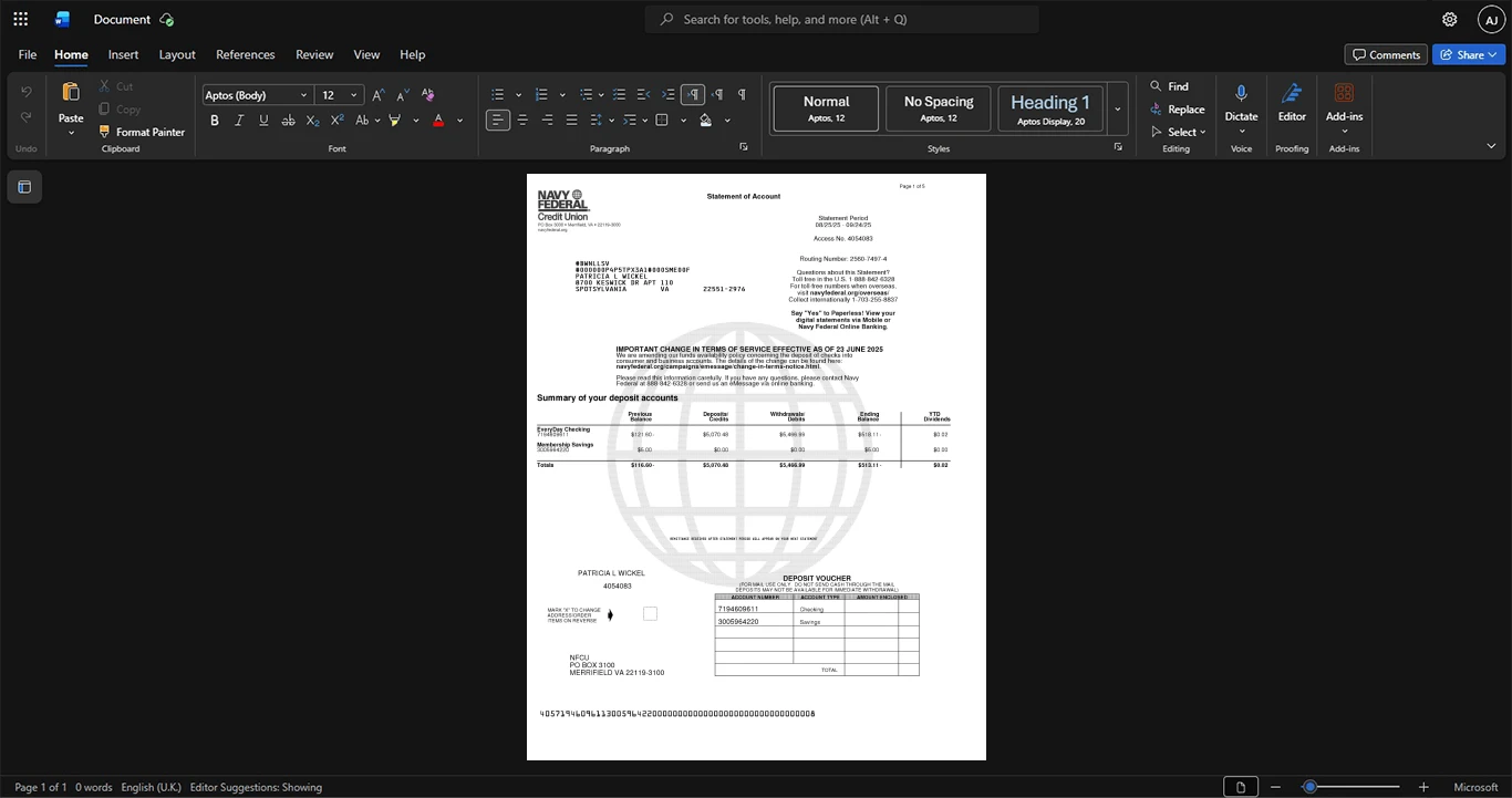 USA Navy Federal Credit Union Bank Statement Template, Available in editable Word and PDF format
