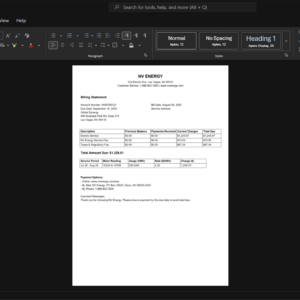 USA NV Energy Electricity Bill Template, Customizable layout available in Word and PDF