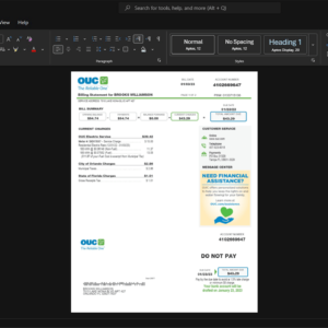 USA Orlando Utilities Commission OUC Generic Utility Bill Template, Blank template in Word and PDF format