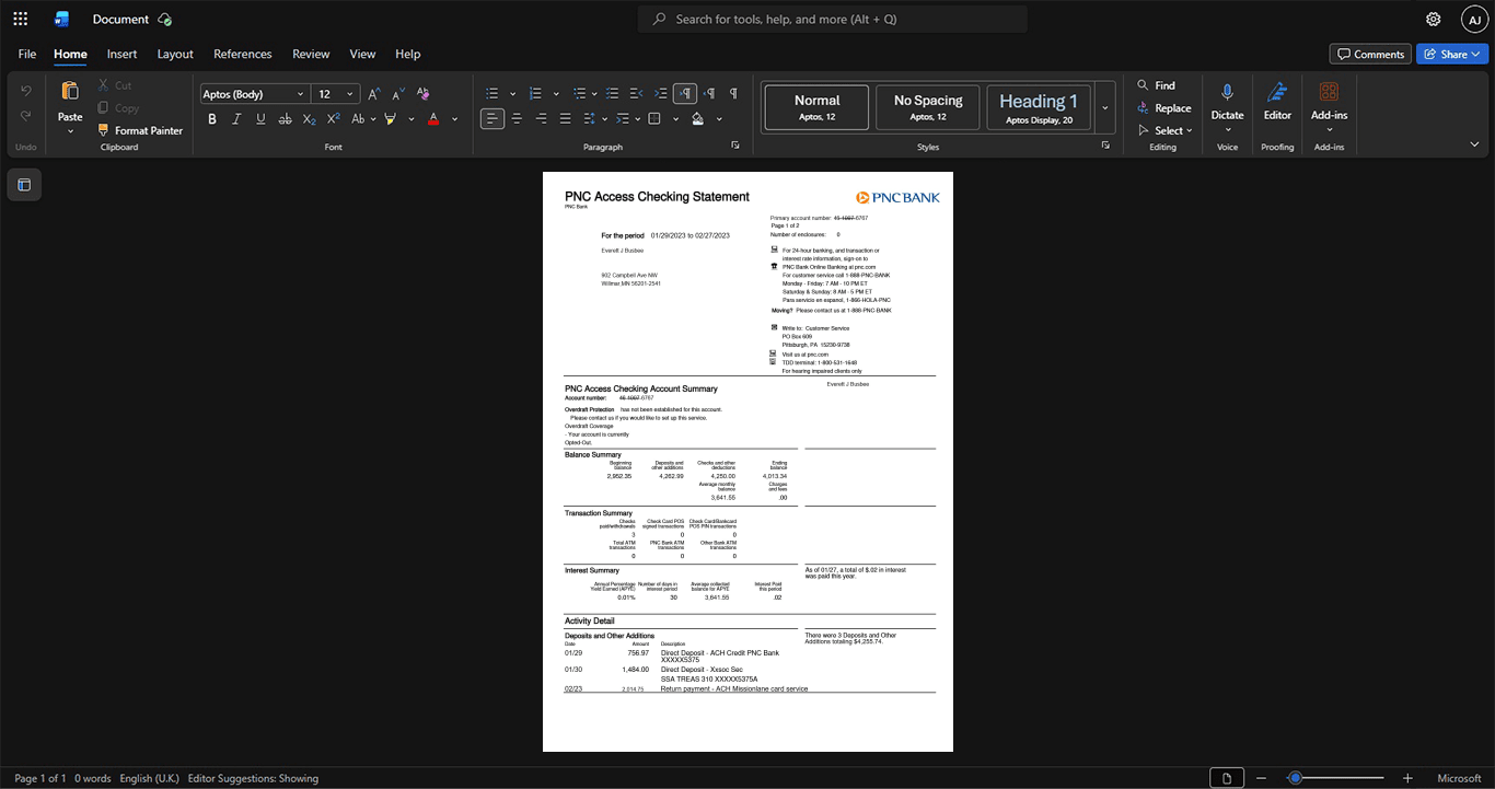 USA PNC Financial Services Group PNC Bank Statement Template, Digital download template in Word and PDF