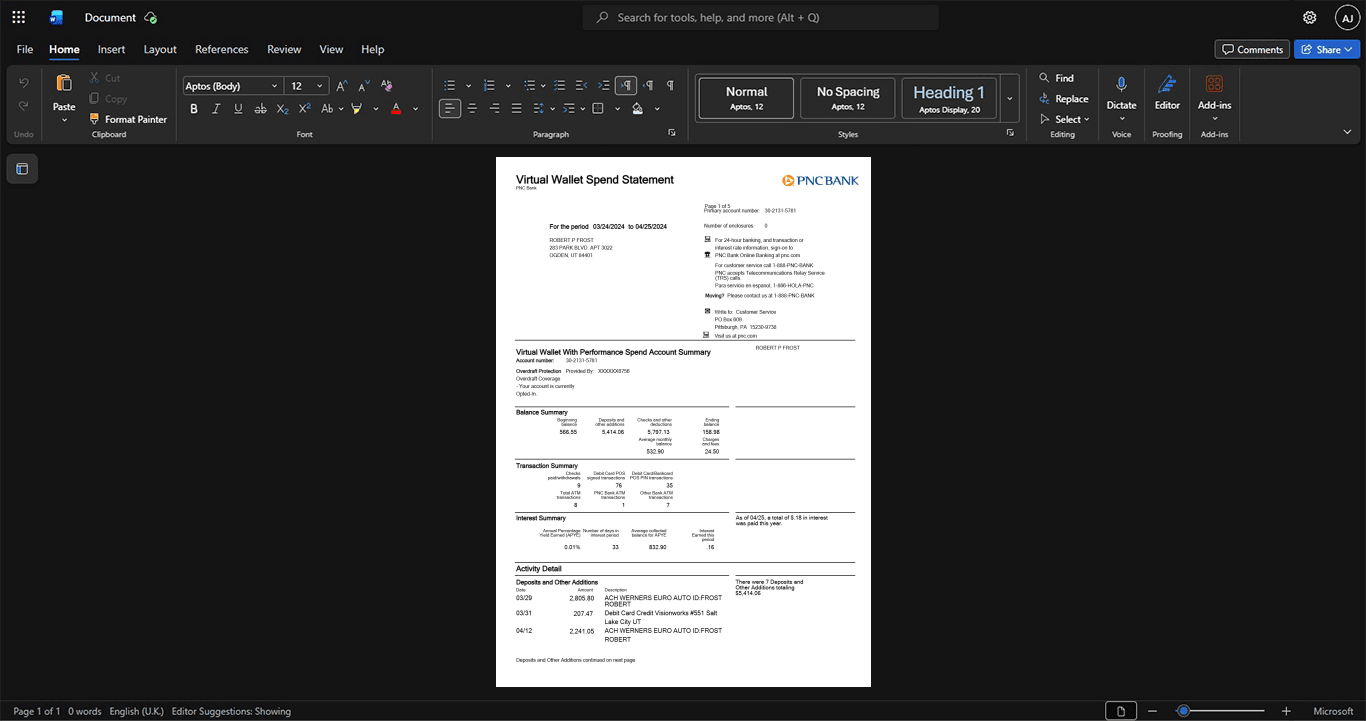 USA PNC Financial Services PNC Bank Statement Template, Customizable document in Word and PDF format
