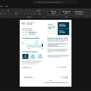 USA Portland General Electric PGE Electricity Bill Template, Premium editable file in Word and PDF formats