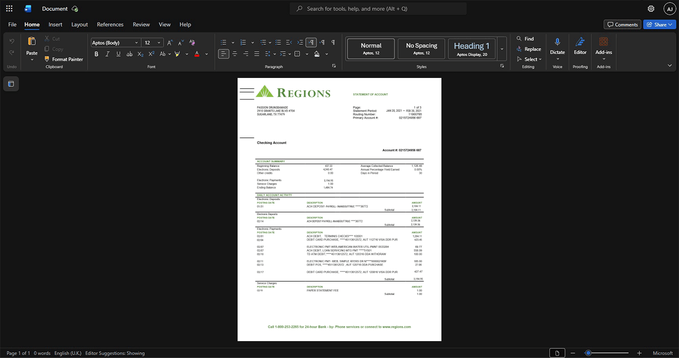 USA Regions Bank Bank Statement Template, Standard printable layout in Word and PDF