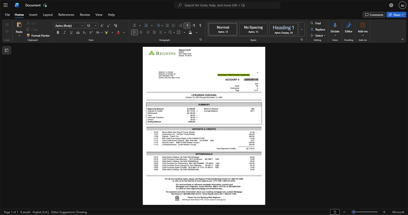 USA Regions Bank Bank Statement Template, Quick edit digital asset in Word and PDF