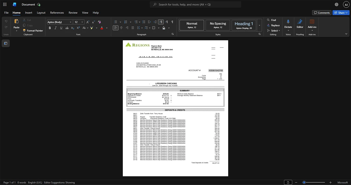 USA Regions Bank Bank Statement Template, Available in editable Word and PDF format