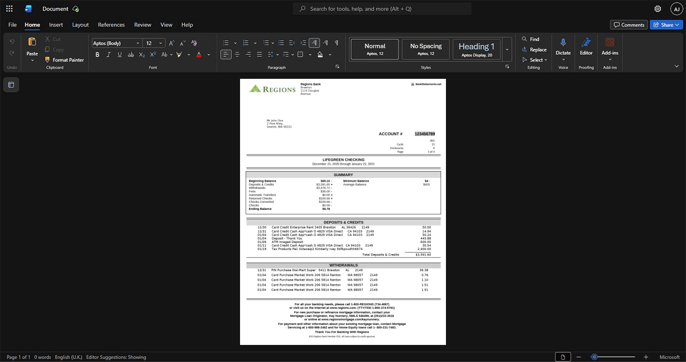 USA Regions Bank Bank Statement Template, Quick edit template in Word and PDF format