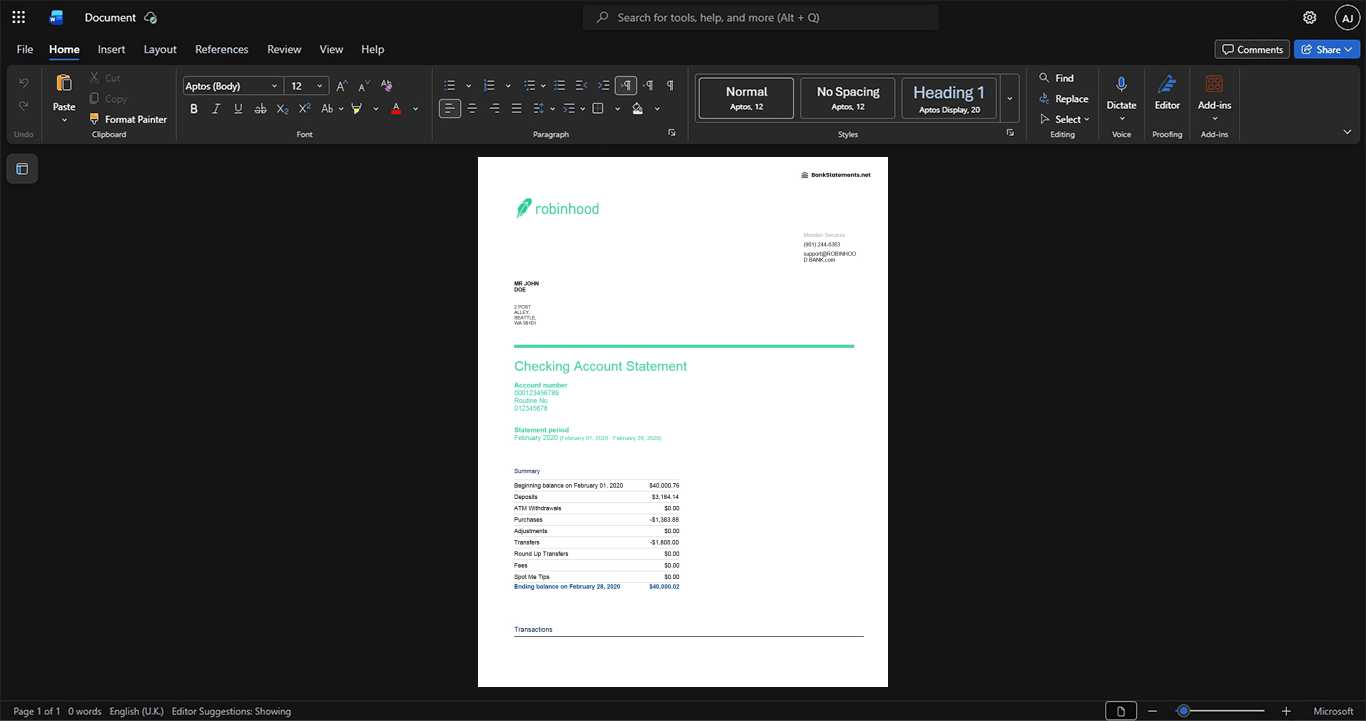 USA Robinhood Bank Statement Template, Digital download template in Word and PDF