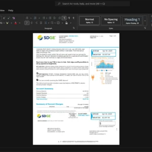 USA San Diego Gas and Electric SDG E Electricity Bill Template, Premium editable file in Word and PDF formats