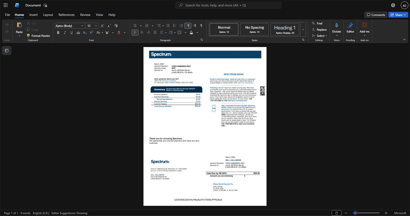 USA Spectrum Mobile Mobile Bill Template, Quick edit template in Word and PDF format