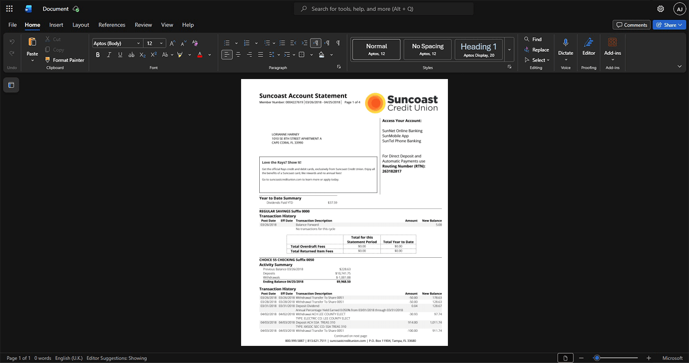 USA Suncoast Credit Union Bank Statement Template, Standard layout in DOCX and PDF