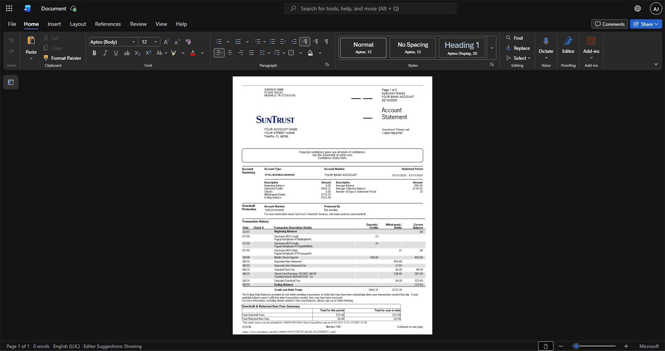 USA SunTrust Bank Bank Statement Template, Ready to use template in Word and PDF
