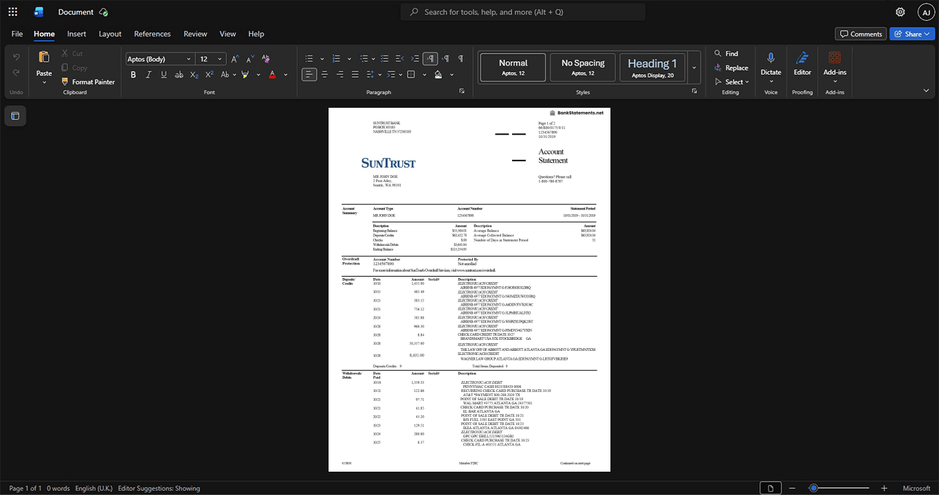 USA SunTrust Bank Bank Statement Template, Blank template in Word and PDF format
