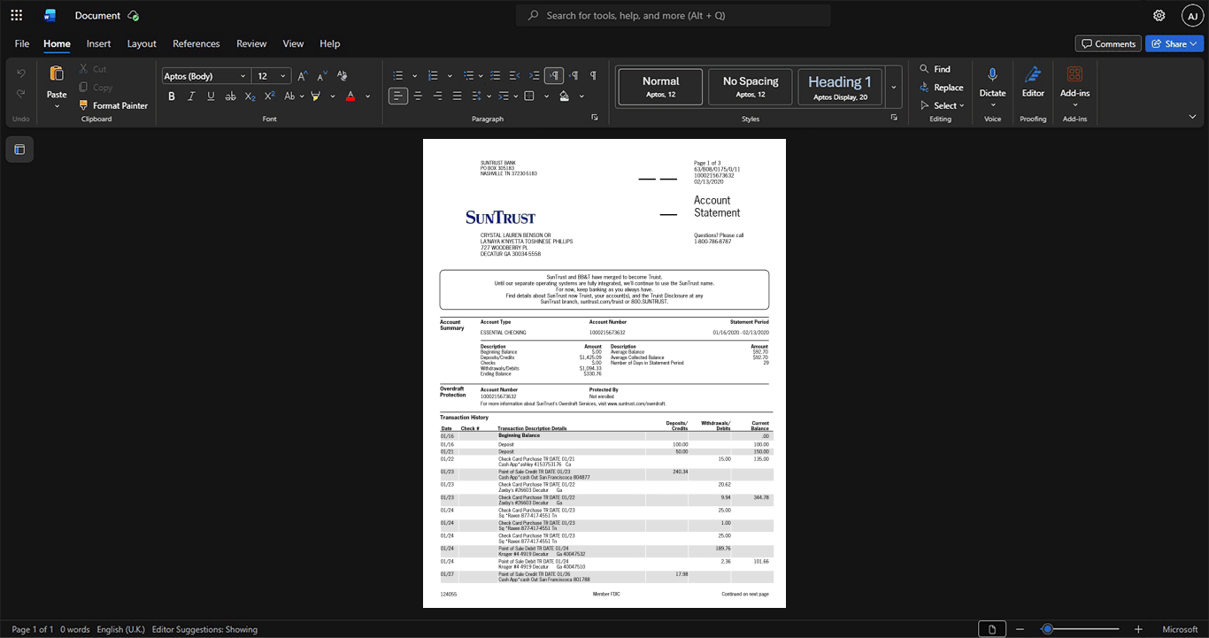 USA SunTrust Bank Statement Template, Print-ready in PDF layout