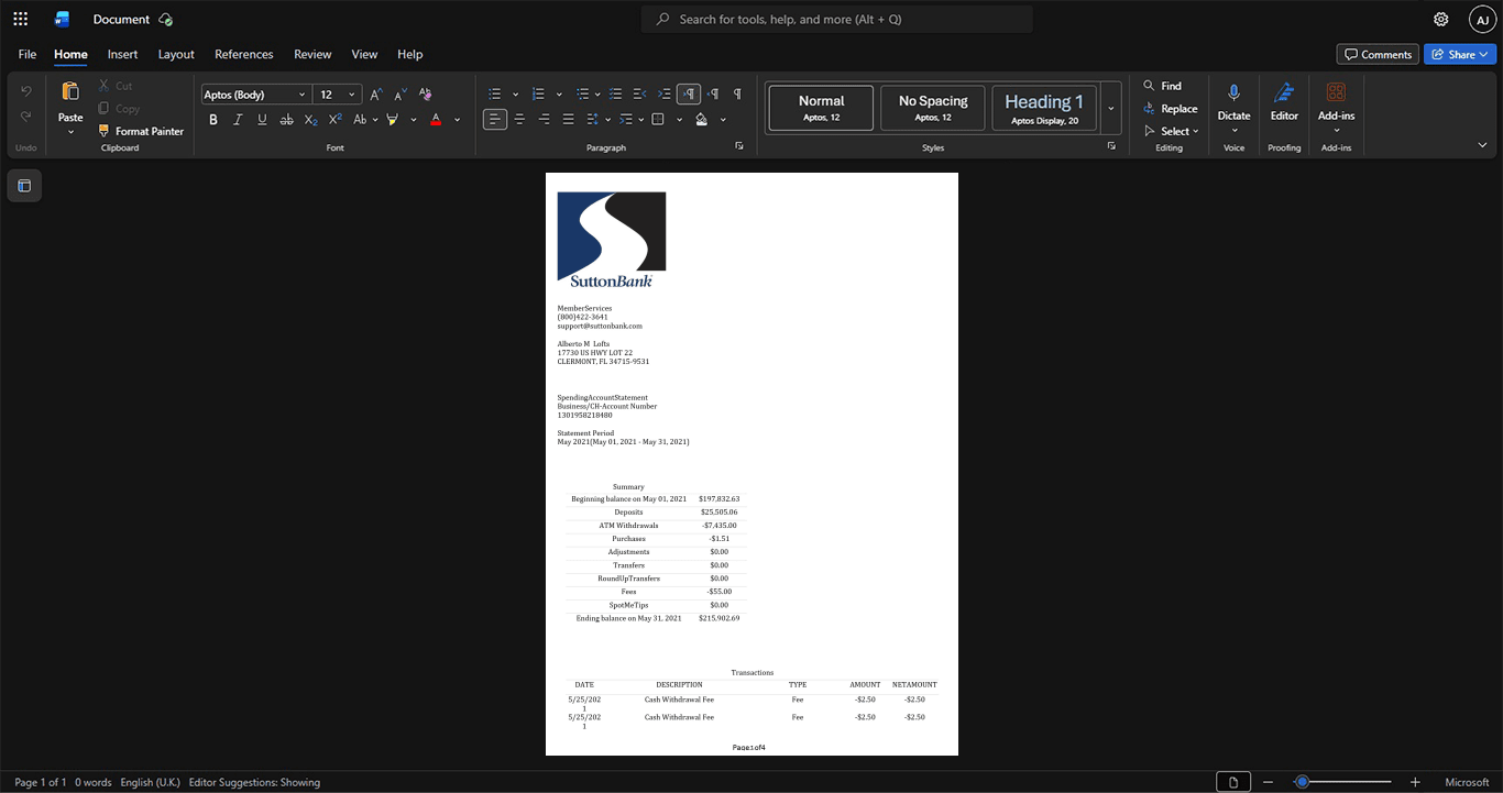 USA Sutton Bank Bank Statement Template, Print-ready in PDF layout