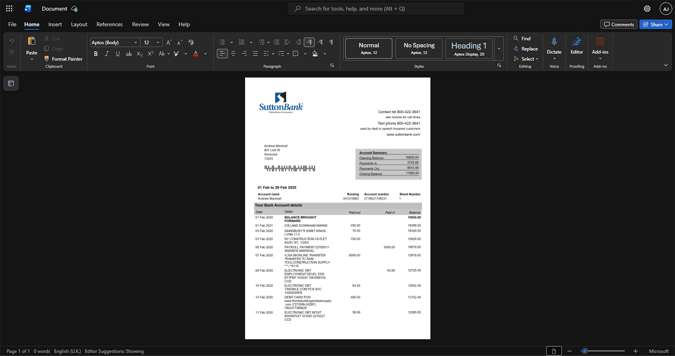 USA Sutton Bank Bank Statement Template, Quick edit digital asset in Word and PDF