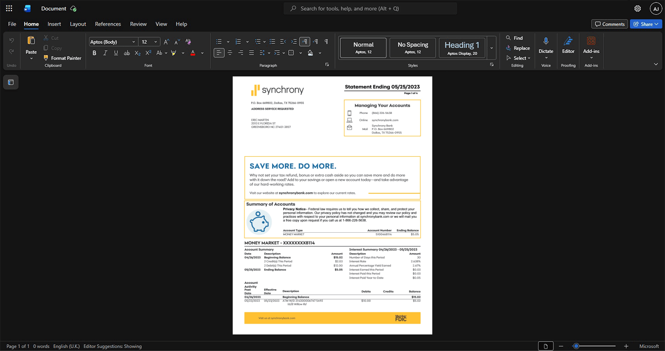 USA Synchrony Bank Bank Statement Template, Available in editable Word and PDF format