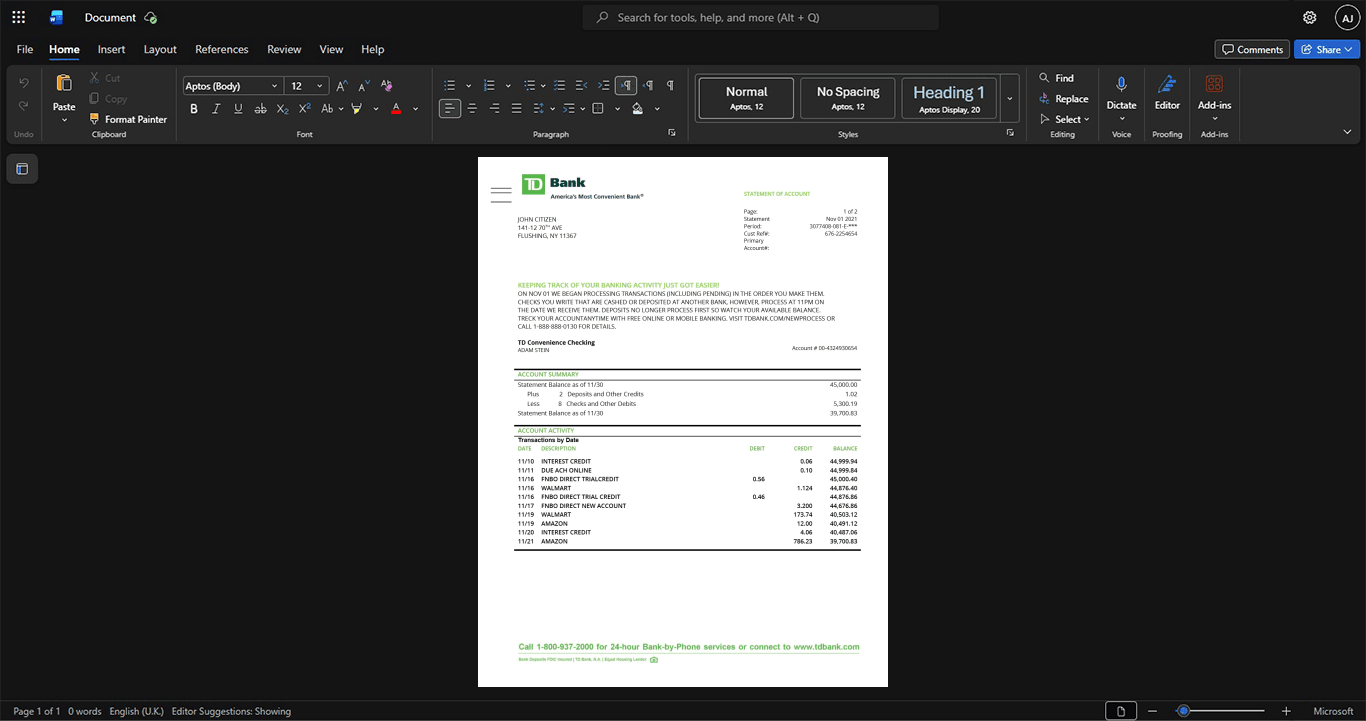 USA TD Bank Bank Statement Template, Clean typography design in Word and PDF format