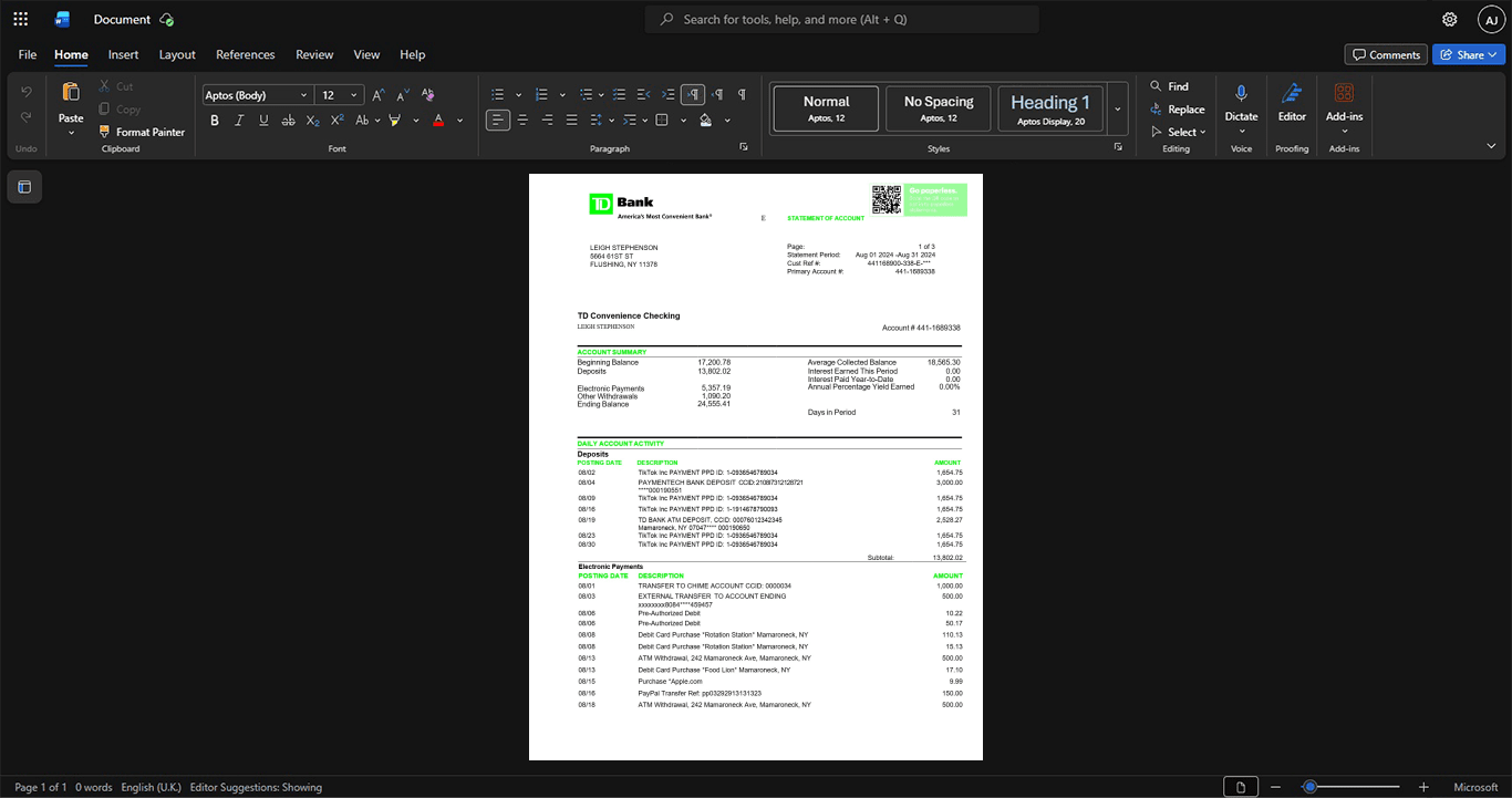 USA TD Bank Bank Statement Template, Print-ready template in Word and PDF