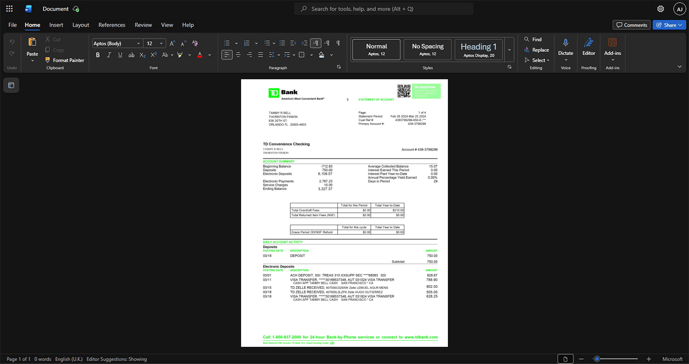 USA TD Bank Bank Statement Template, Professional document in Word and PDF format