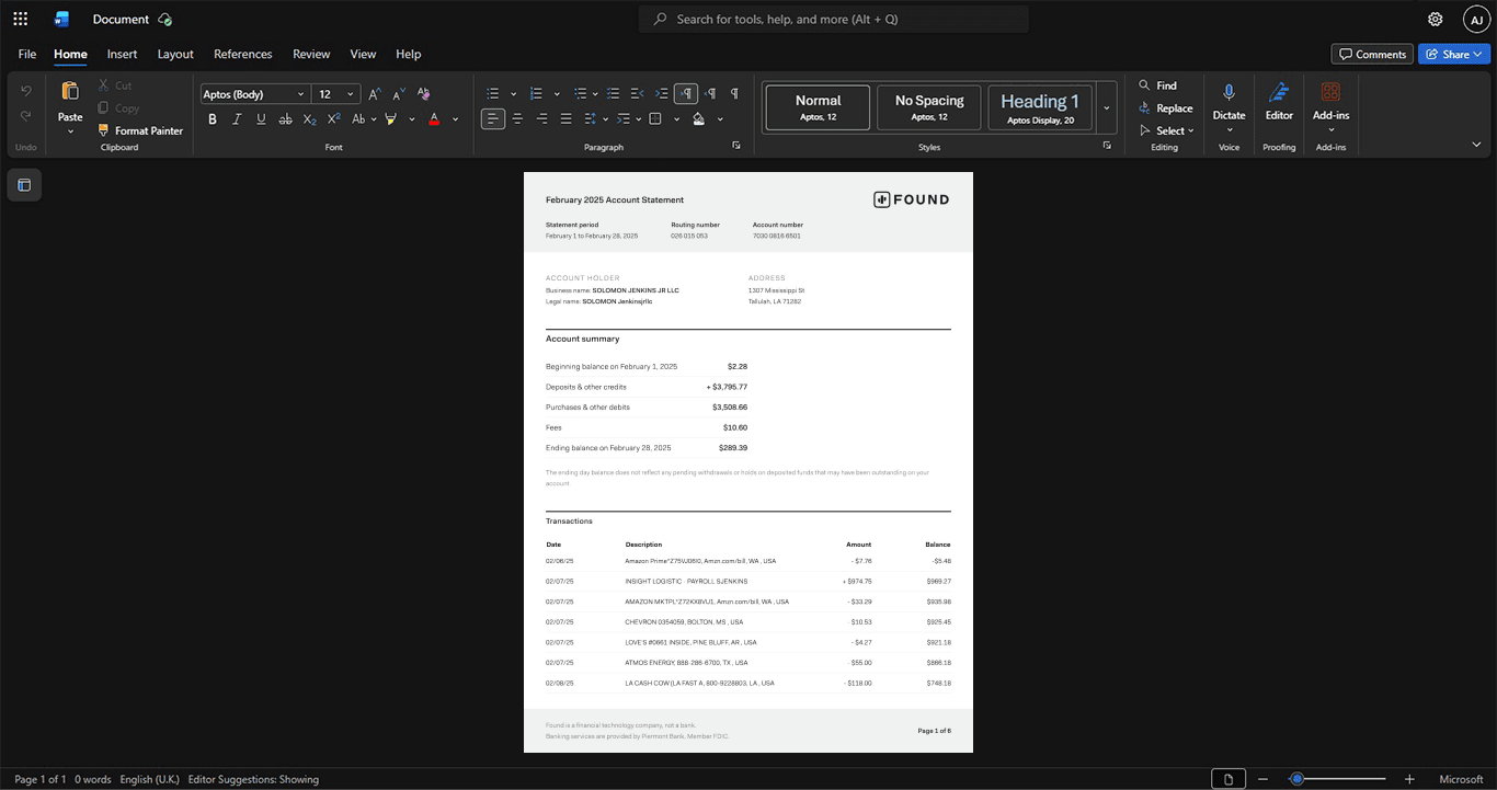 USA TD Bank Bank Statement Template, Customizable layout available in Word and PDF