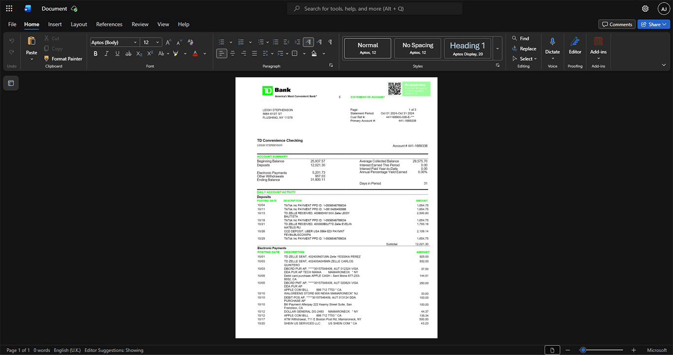 USA TD Bank Credit Card Statement Template, Fully editable Word and PDF format