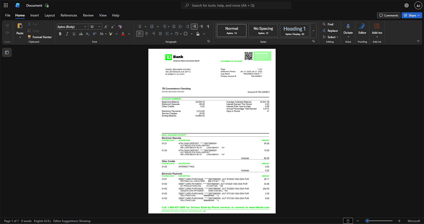 USA TD Bank Credit Card Statement Template, High-quality template in Word and PDF format
