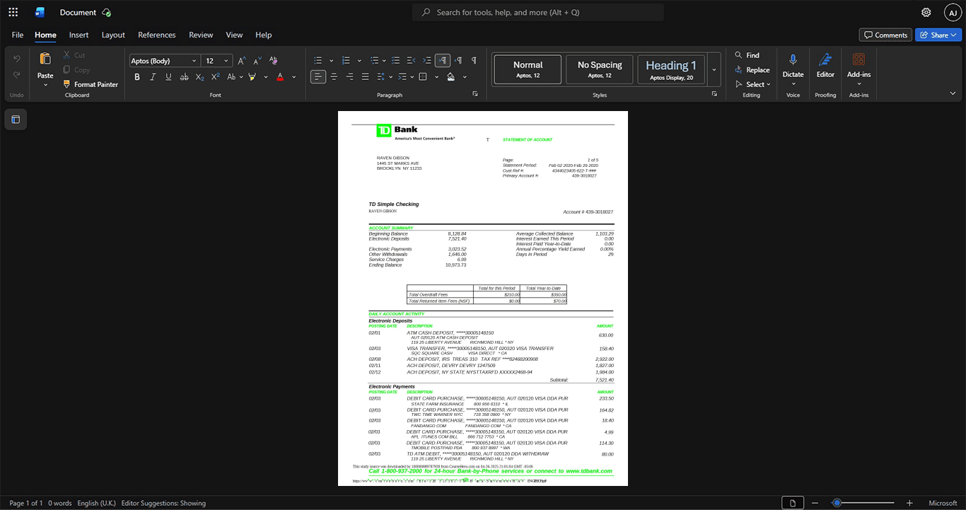 USA TD Bank TD Bank Statement Template, Professional document in Word and PDF format