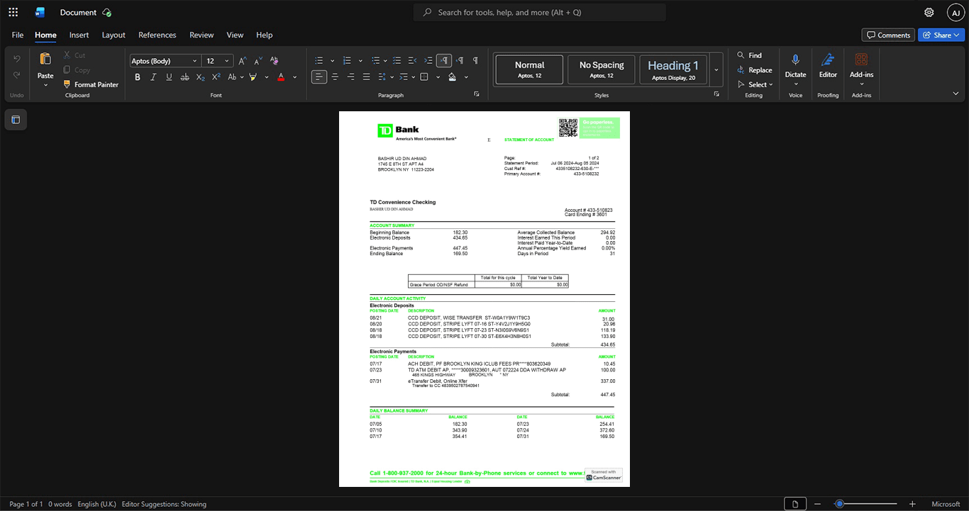 USA TD Bank TD Bank Statement Template, Print-ready in PDF layout