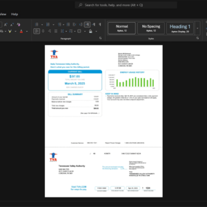 USA Tennessee Valley Authority TVA Electricity Bill Template, Customizable layout available in Word and PDF