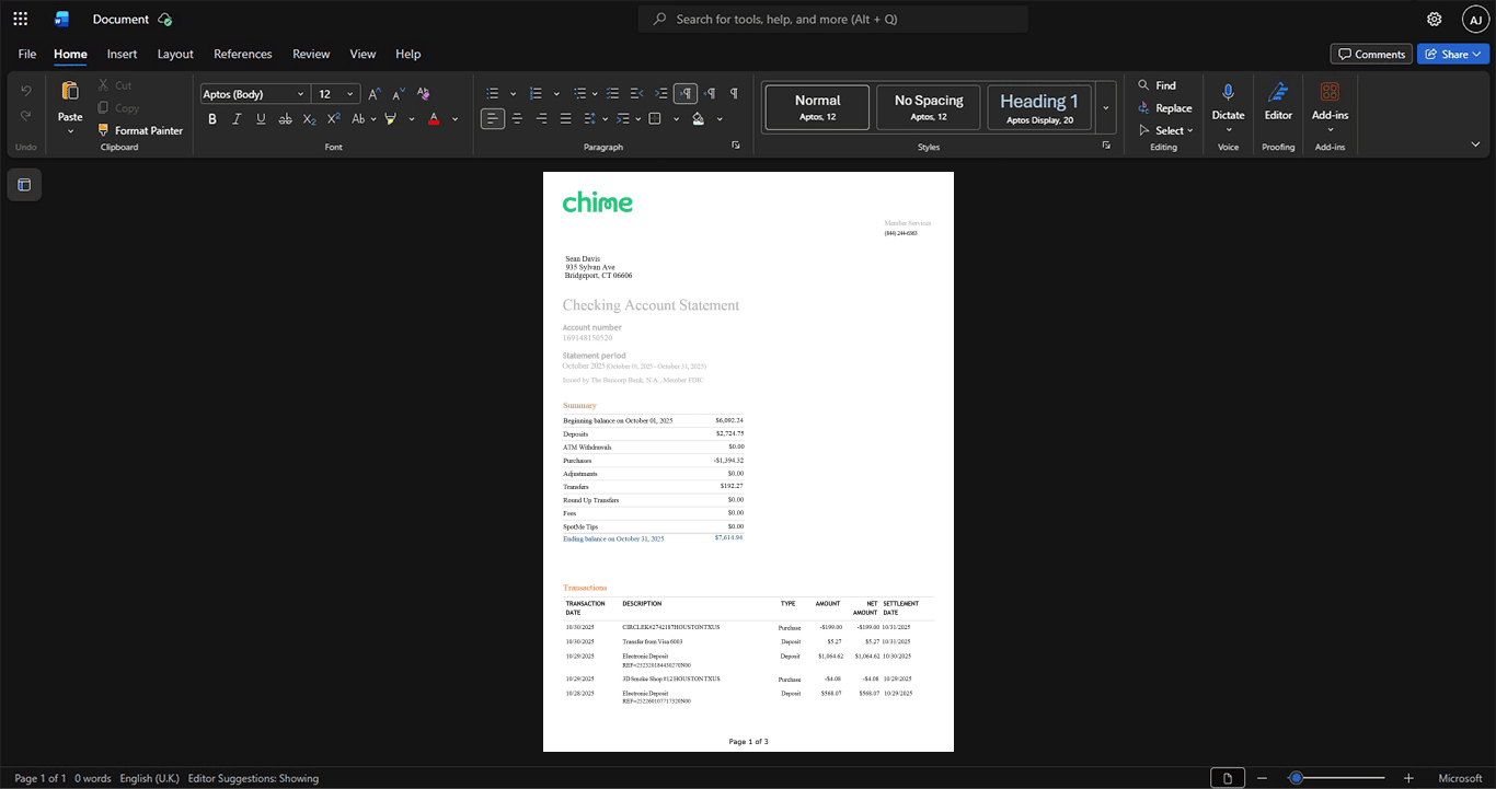 USA The Bancorp Bank Bank Statement Template, Standard layout in DOCX and PDF