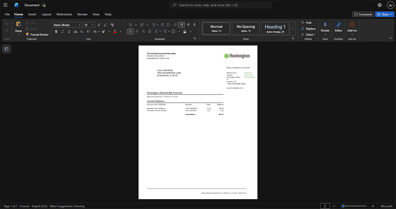 USA The Huntington National Bank Bank Statement Template, Digital download template in Word and PDF