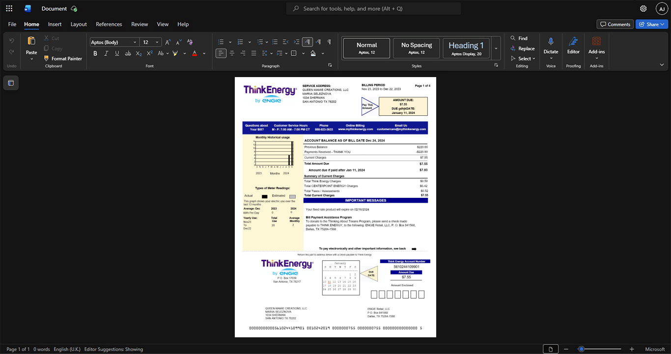 USA Think Energy Electricity Bill Template, Customizable layout available in Word and PDF