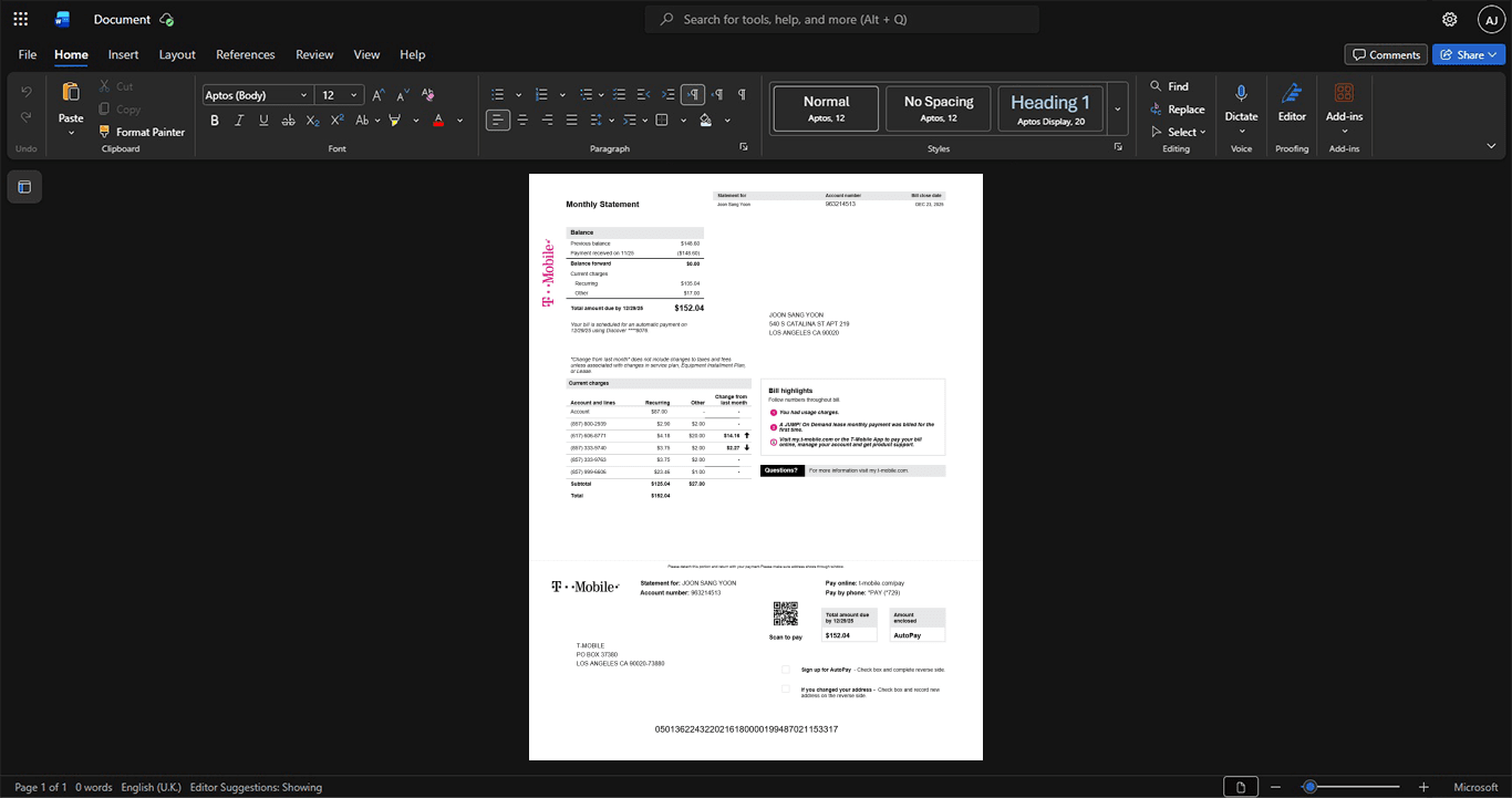 USA TMobile Mobile Bill Template, Print-ready in PDF layout