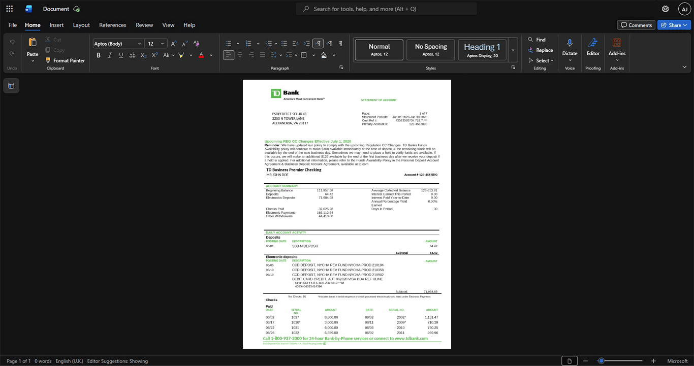 USA TorontoDominion Bank TD Bank Statement Template, Fully editable Word and PDF format