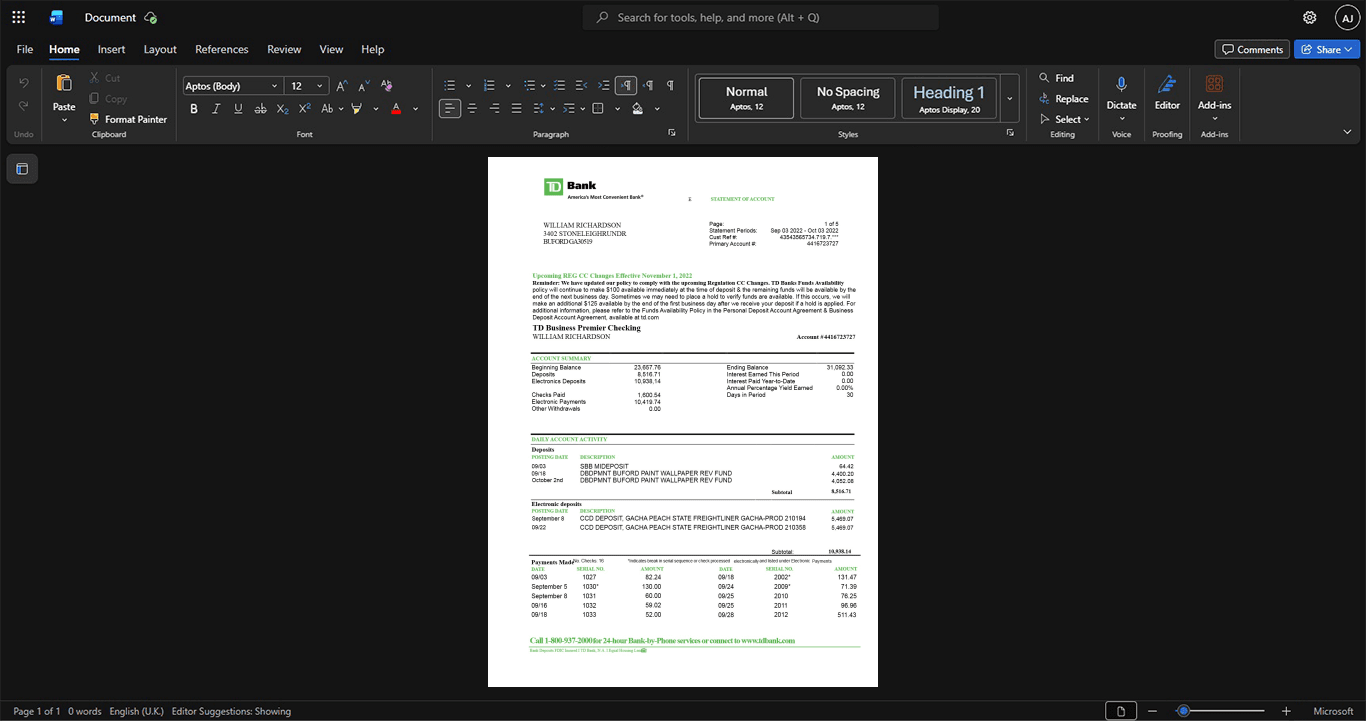 USA TorontoDominion Bank TD Bank Statement Template, High-quality design in Word and PDF format