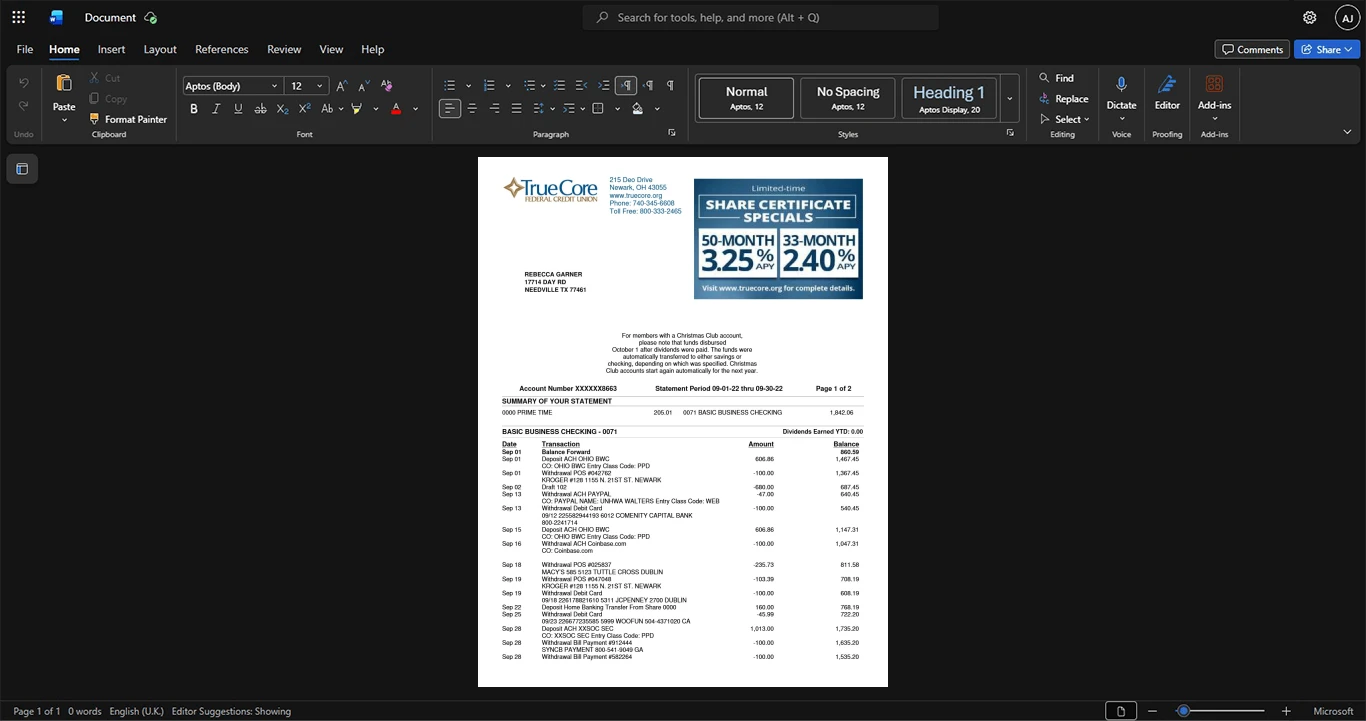 USA TrueCore Federal Credit Union Bank Statement Template, Print-ready template in Word and PDF