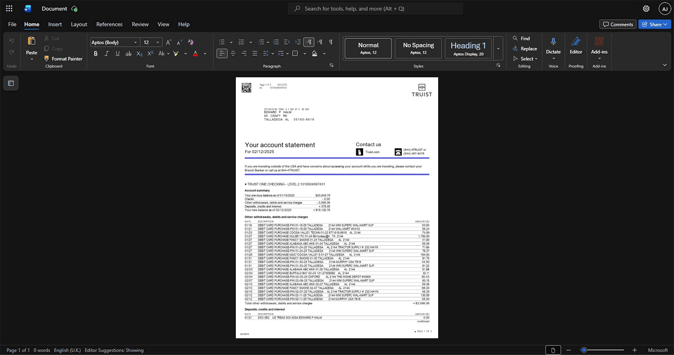 USA Truist Bank Bank Statement Template, Corporate style document in Word and PDF formats
