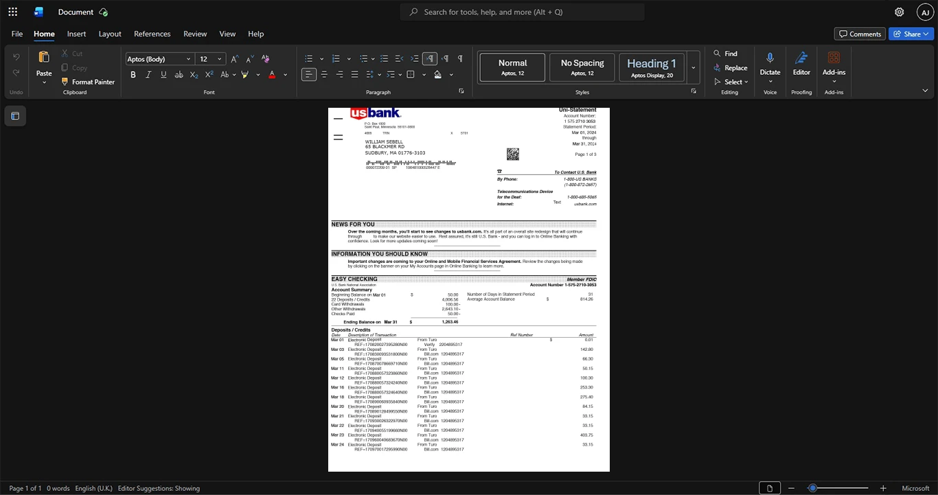 USA U S Bank Bank Statement Template, Blank template in Word and PDF format