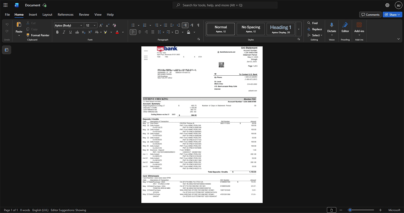 USA U S Bank Bank Statement Template, printable document in Word and PDF format