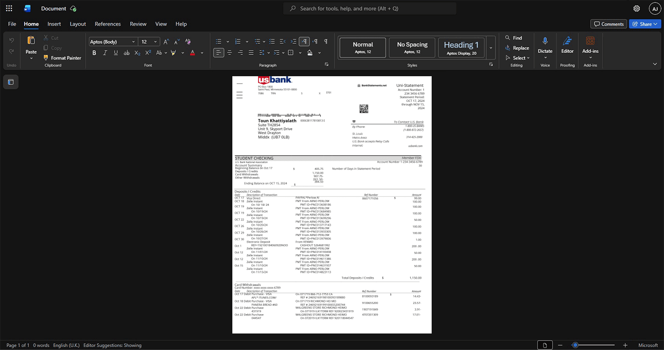 USA U S Bank Bank Statement Template, High-quality template in Word and PDF format