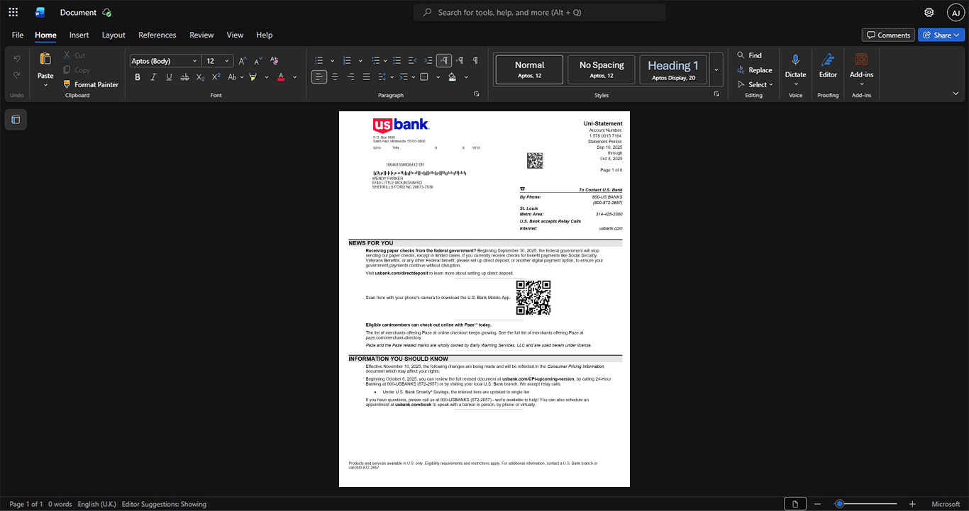 USA U S Bank US Bank Bank Statement Template, Premium editable file in Word and PDF formats