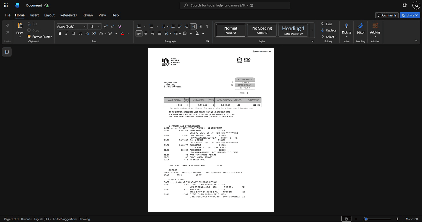 USA United Services Automobile Association USAA Bank Statement Template, Customizable document in Word and PDF format